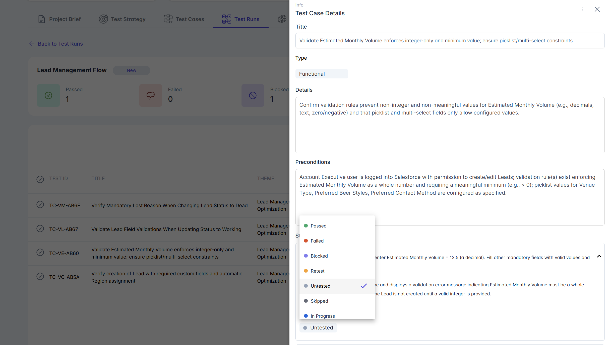 Testing — Status Dropdown